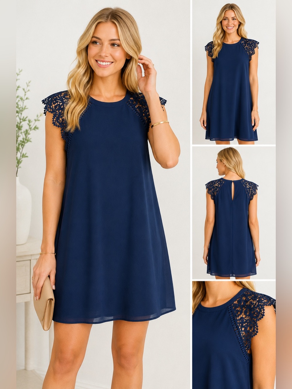 Altar’d State Navy Blue Lace Sleeve Shift Dress Women’s Small Boho Crochet Mini